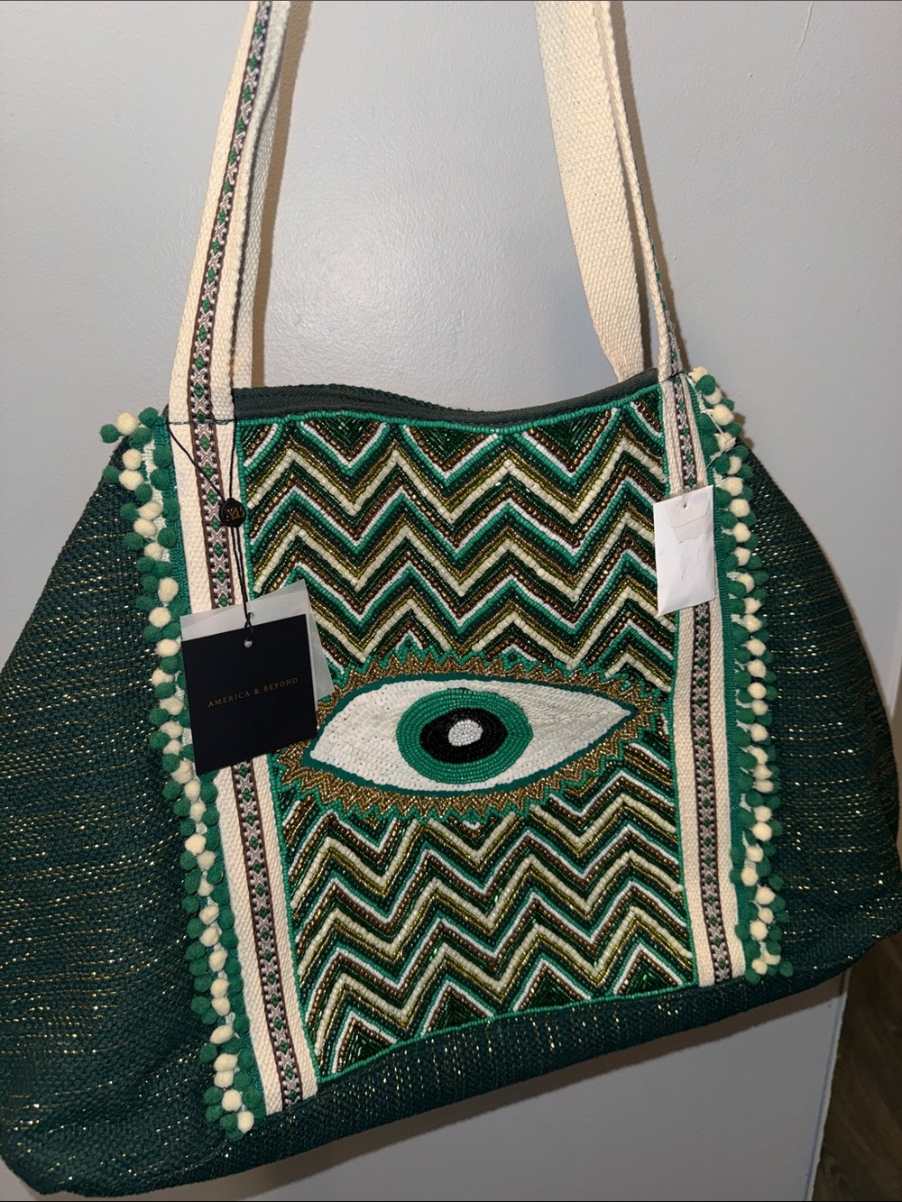 America & Beyond Green Beaded Eye Eye 👁️ Tote Bag with long removable strap